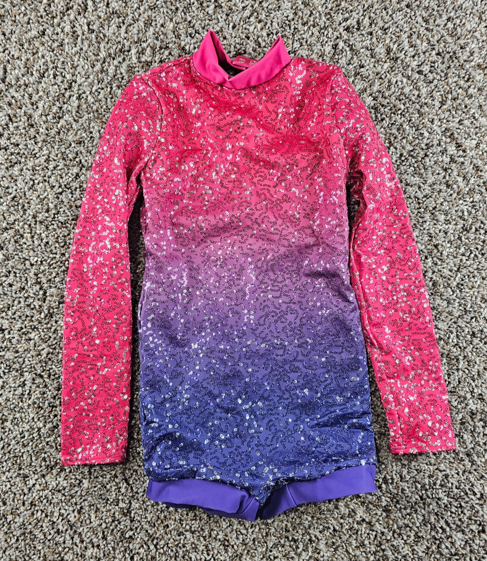 Weissman Girls Sz IC Dance Gymnastics Leotard Long Sleeve Sequin Pink Purple